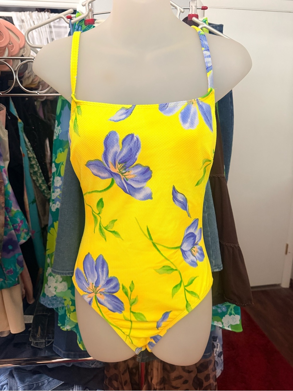 Vintage 90s Sessa Yellow Floral One-Piece Swimsuit with Blue Flowers